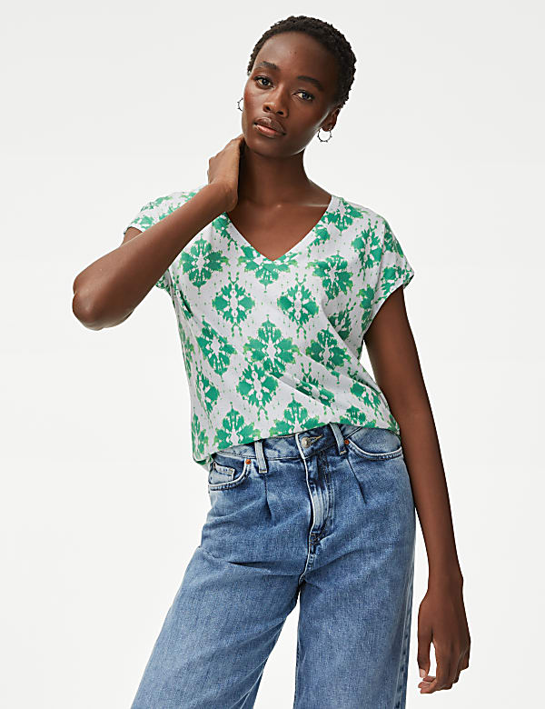 Cotton Rich V-Neck Printed Longline T-Shirt