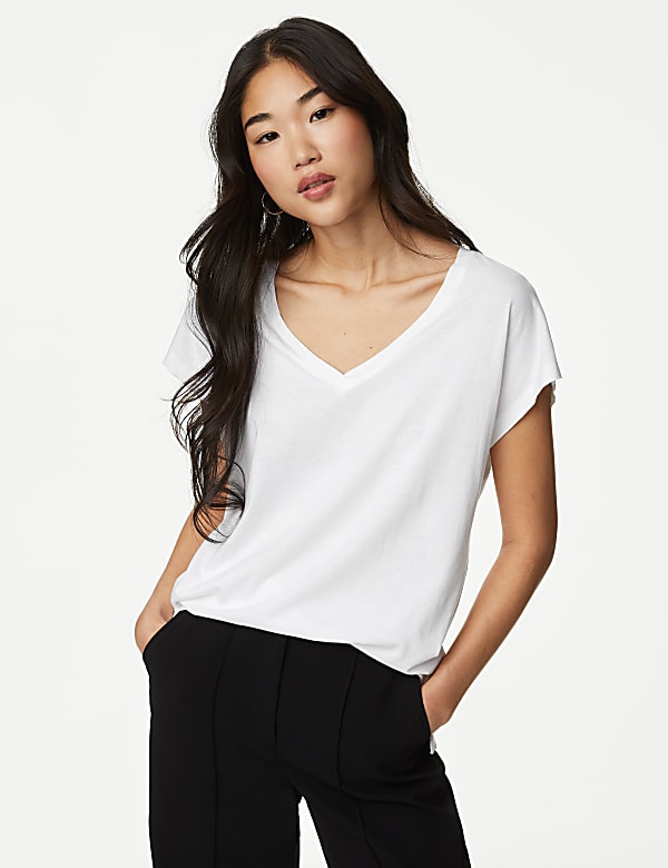 Cotton Rich V-Neck Relaxed Longline T-Shirt - CZ