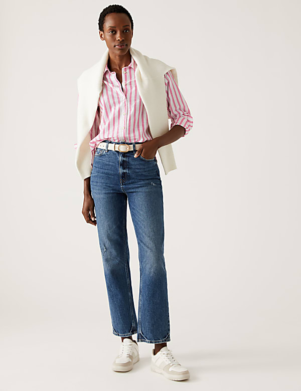 Pure Cotton Striped Collared Longline Shirt