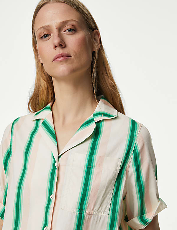 Cotton Rich Striped Collared V-Neck Shirt