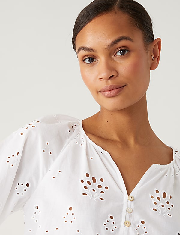 Pure Cotton Broderie Puff Sleeve Blouse