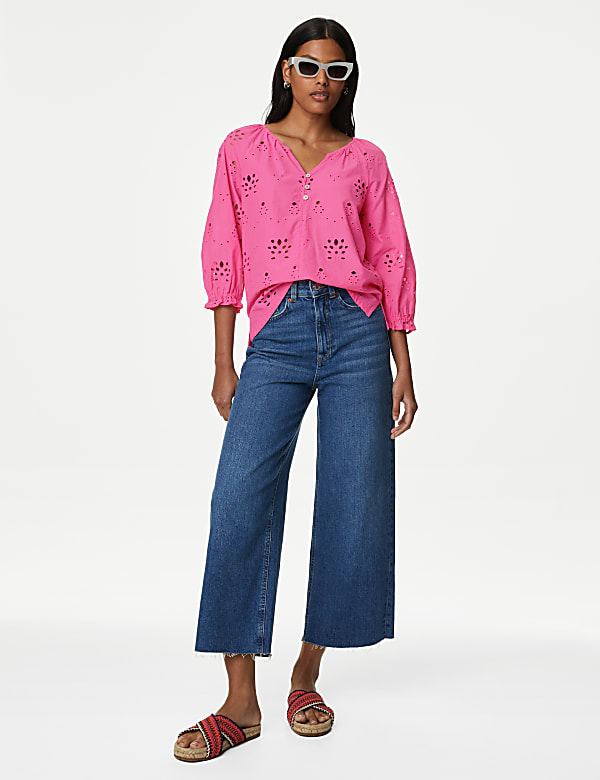 Pure Cotton Broderie Puff Sleeve Blouse
