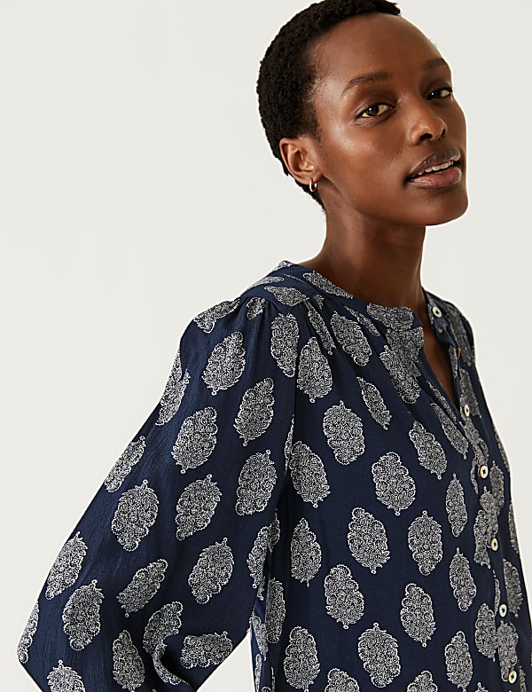 Printed Crew Neck Button Through Blouse