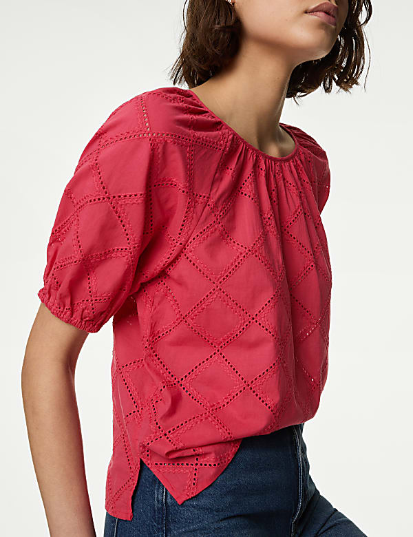 Pure Cotton Broderie Puff Sleeve Blouse