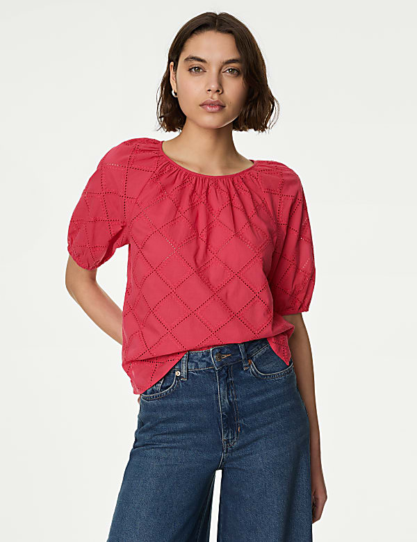 Pure Cotton Broderie Puff Sleeve Blouse