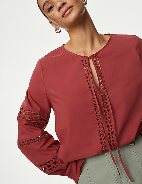 Pure Cotton Broderie Tie Neck Blouse
