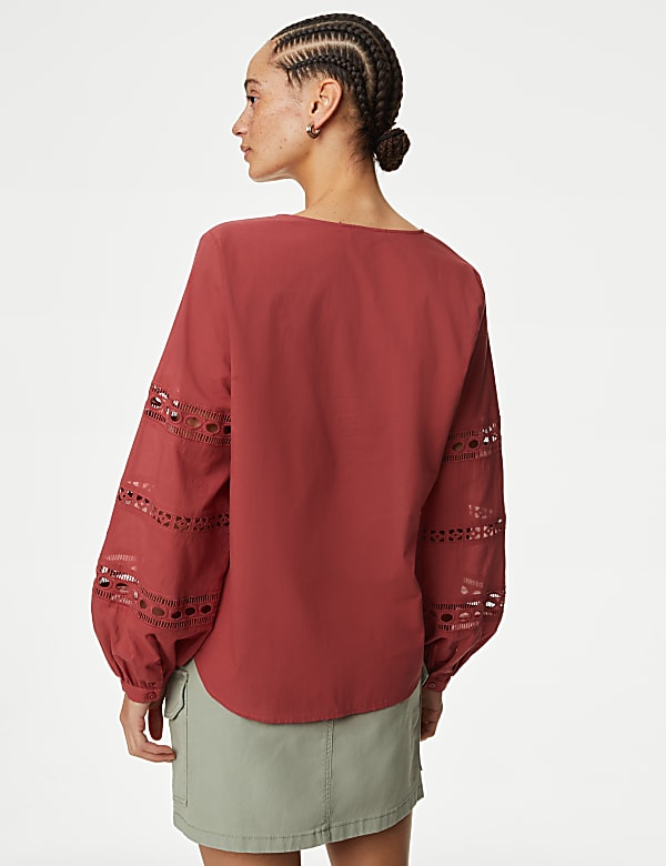 Pure Cotton Broderie Tie Neck Blouse