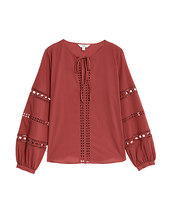 Pure Cotton Broderie Tie Neck Blouse