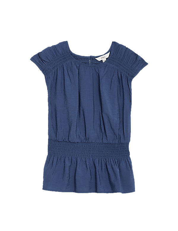 Crew Neck Smocked Shirred Detail Blouse