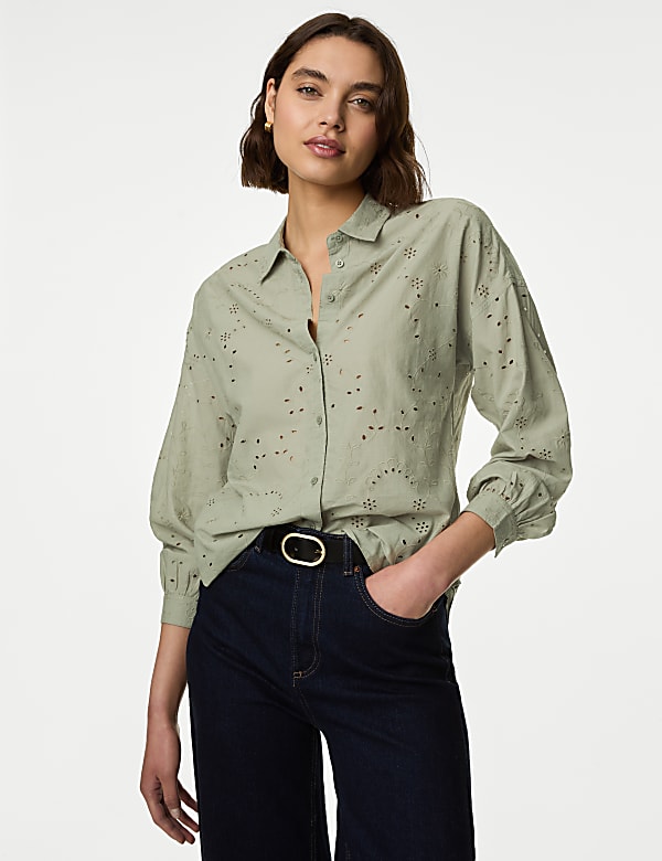 Pure Cotton Broderie Collared Shirt - LT