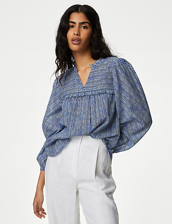 Pure Cotton Striped Frill Detail Blouse - VN