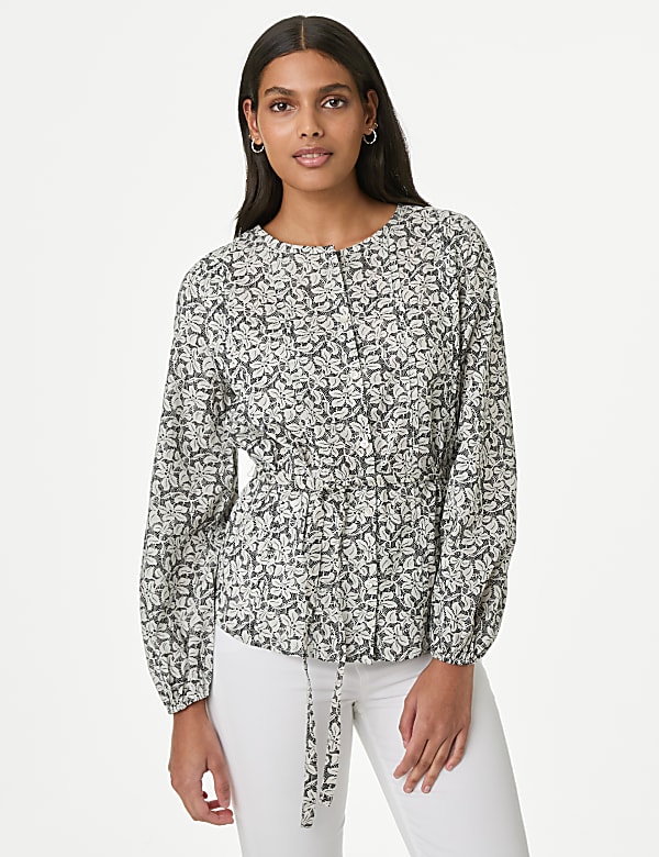Pure Cotton Printed Crew Neck Tie Front Blouse