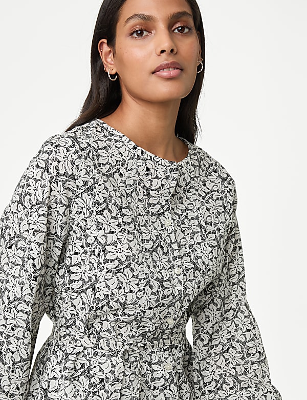 Pure Cotton Printed Crew Neck Tie Front Blouse