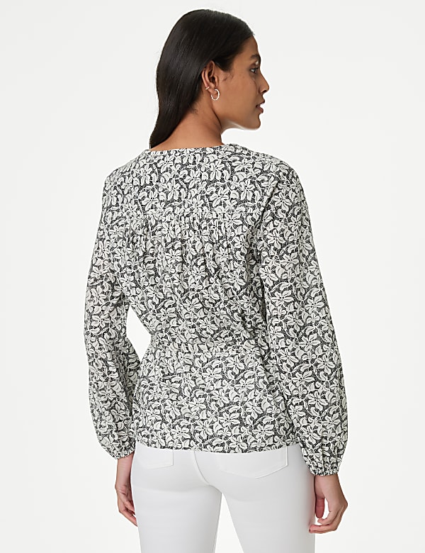 Pure Cotton Printed Crew Neck Tie Front Blouse