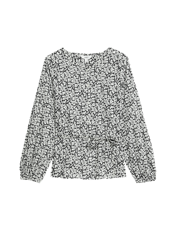 Pure Cotton Printed Crew Neck Tie Front Blouse