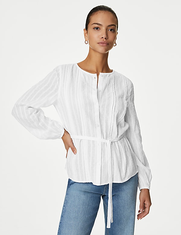 Pure Cotton Pleated Tie Front Blouse