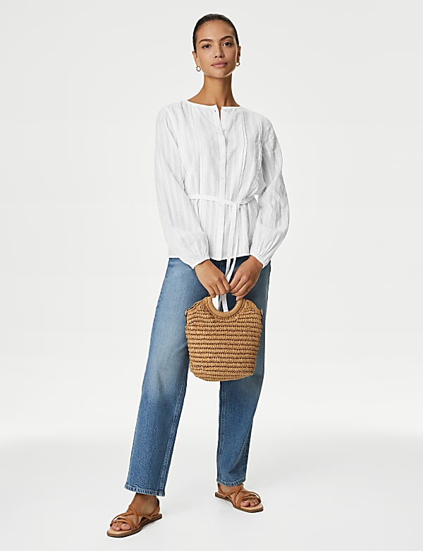 Pure Cotton Pleated Tie Front Blouse