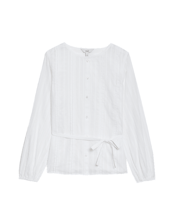 Pure Cotton Pleated Tie Front Blouse