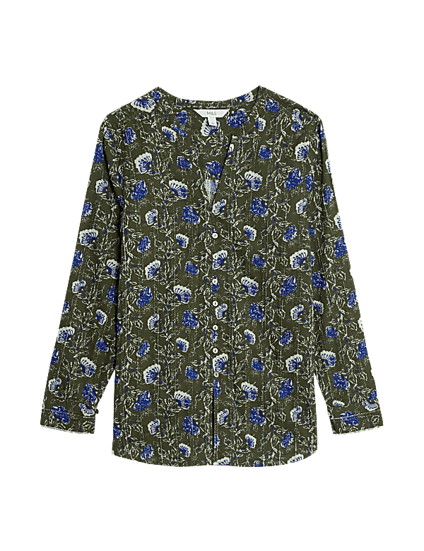 Pure Cotton Printed Textured V-Neck Shirt