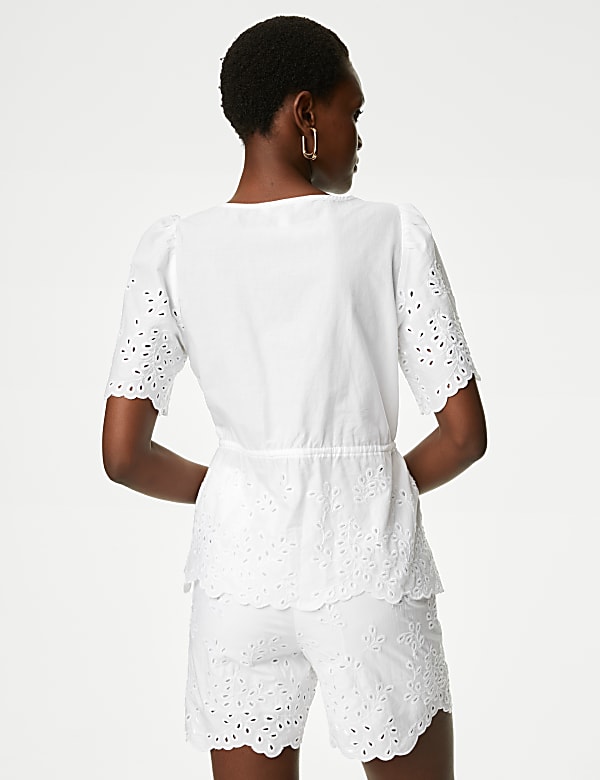 Pure Cotton Broderie V-Neck Tie Front Blouse