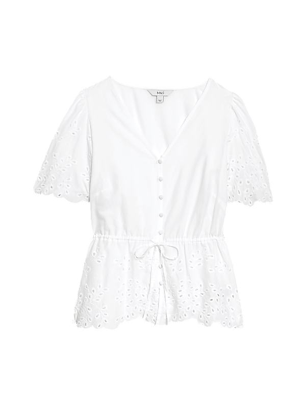 Pure Cotton Broderie V-Neck Tie Front Blouse