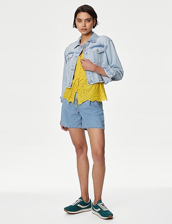 Pure Cotton Broderie V-Neck Tie Front Blouse
