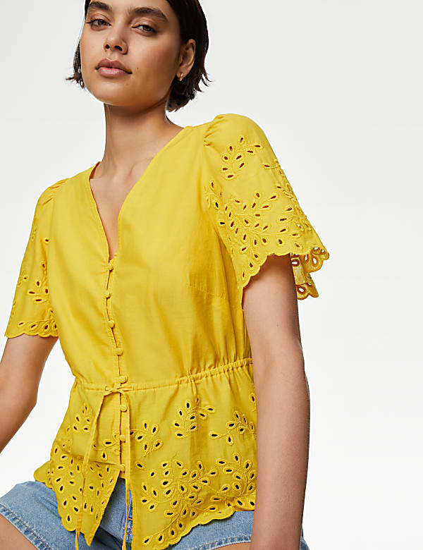 Pure Cotton Broderie V-Neck Tie Front Blouse