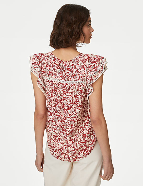 Cotton Blend Printed Tie Neck Blouse