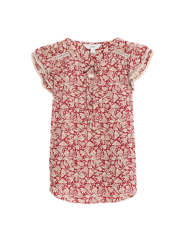 Cotton Blend Printed Tie Neck Blouse