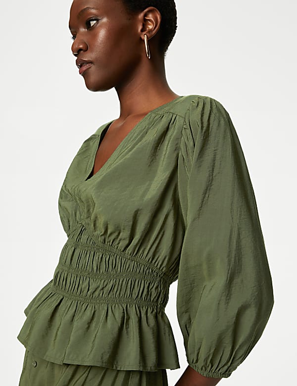 Textured Smock Detail Blouse DARK KHAKI Blouses M S FR