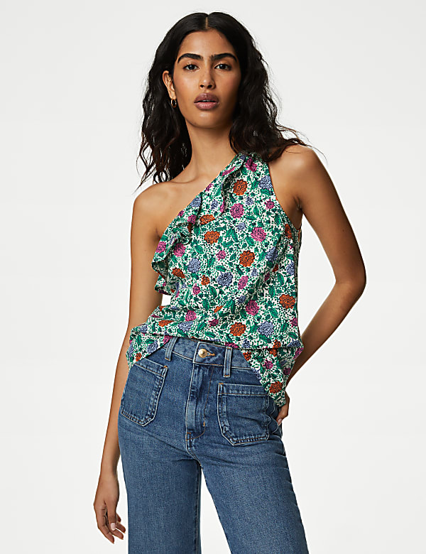 Pure Cotton Frill Detail One Shoulder Top