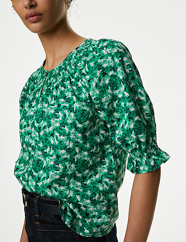 Pure Cotton Printed Shirred Detail Blouse
