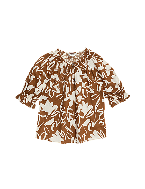 Pure Cotton Printed Shirred Detail Blouse