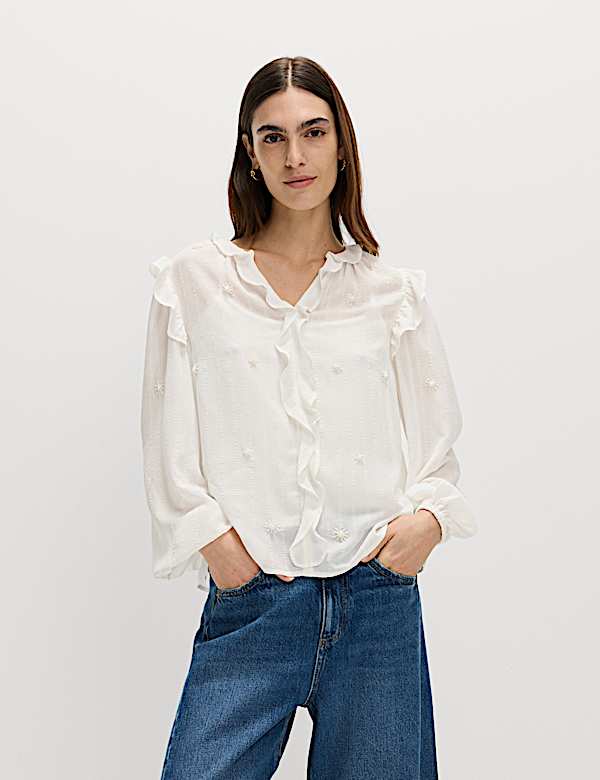 Embellished V-Neck Ruffle Long Sleeve Blouse