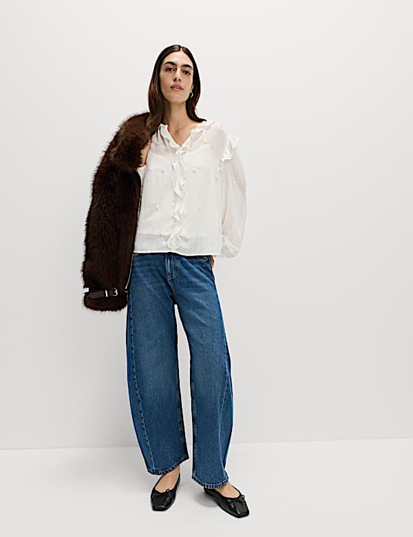 Embellished V-Neck Ruffle Long Sleeve Blouse