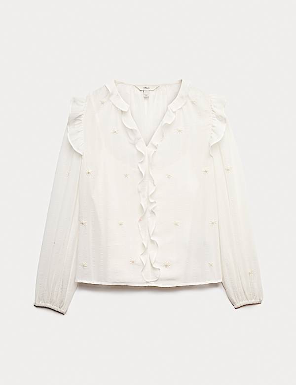 Embellished V-Neck Ruffle Long Sleeve Blouse - CH