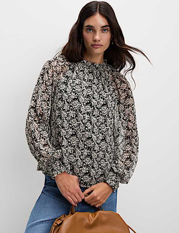 Sheer Floral Printed Long Blouson Sleeve Blouse - HU