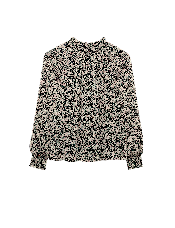 Sheer Floral Printed Long Blouson Sleeve Blouse