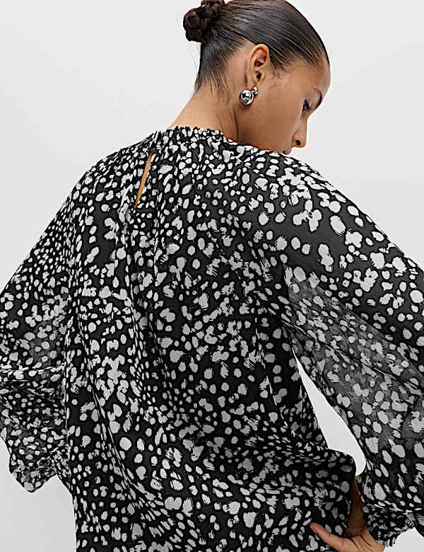 Sheer Floral Printed Long Blouson Sleeve Blouse - US