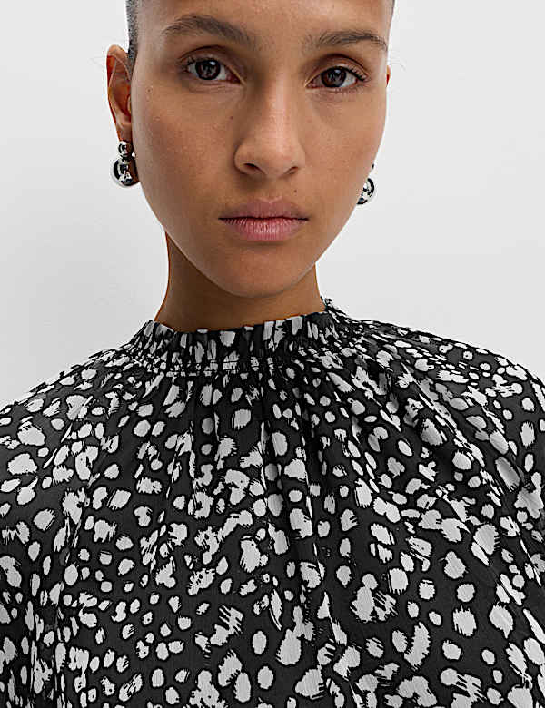 Sheer Floral Printed Long Blouson Sleeve Blouse - US