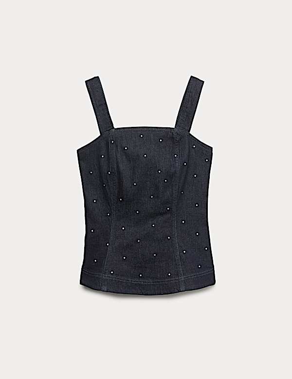 Cotton Rich Embellished Square Neck Denim Top - JE