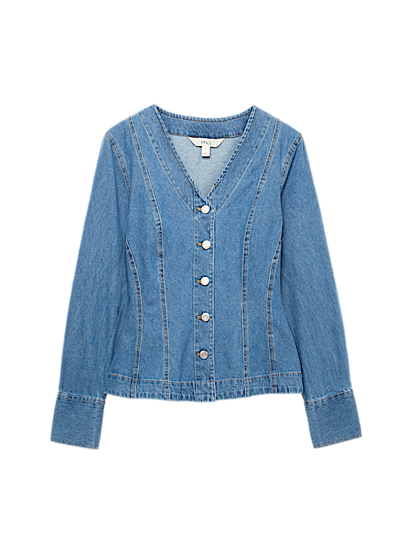 Pure Cotton Denim V-Neck Buttoned Slim Fit Shirt