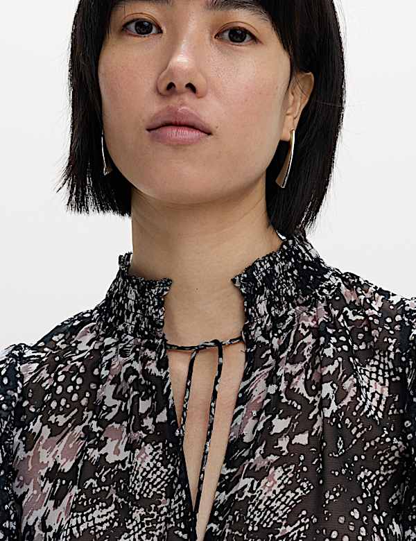 Printed Sparkly Shirred High Neck Ruffle Blouse - CA