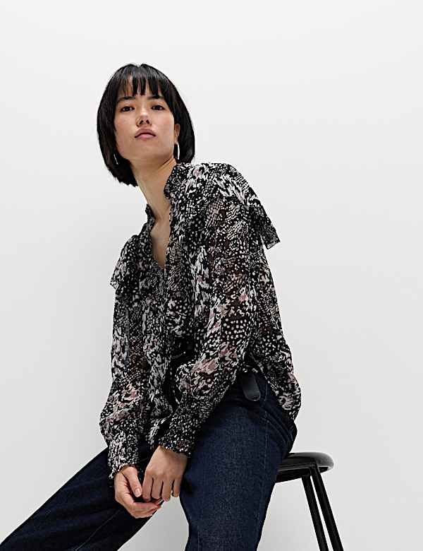Printed Sparkly Shirred High Neck Ruffle Blouse - CA