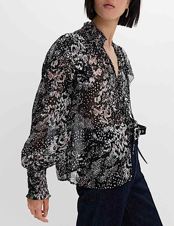 Printed Sparkly Shirred High Neck Ruffle Blouse - CA