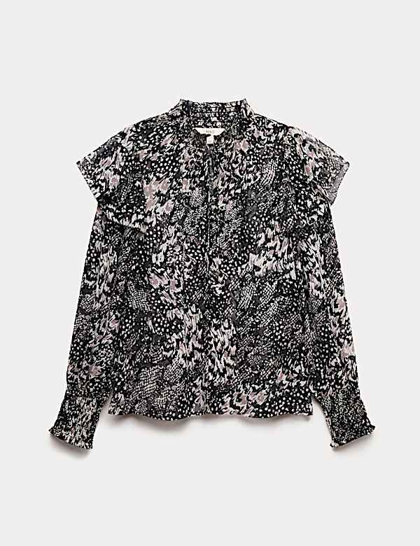 Printed Sparkly Shirred High Neck Ruffle Blouse - CA