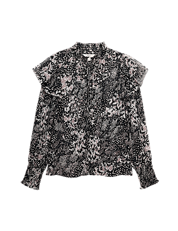 Printed Sparkly Shirred High Neck Ruffle Blouse