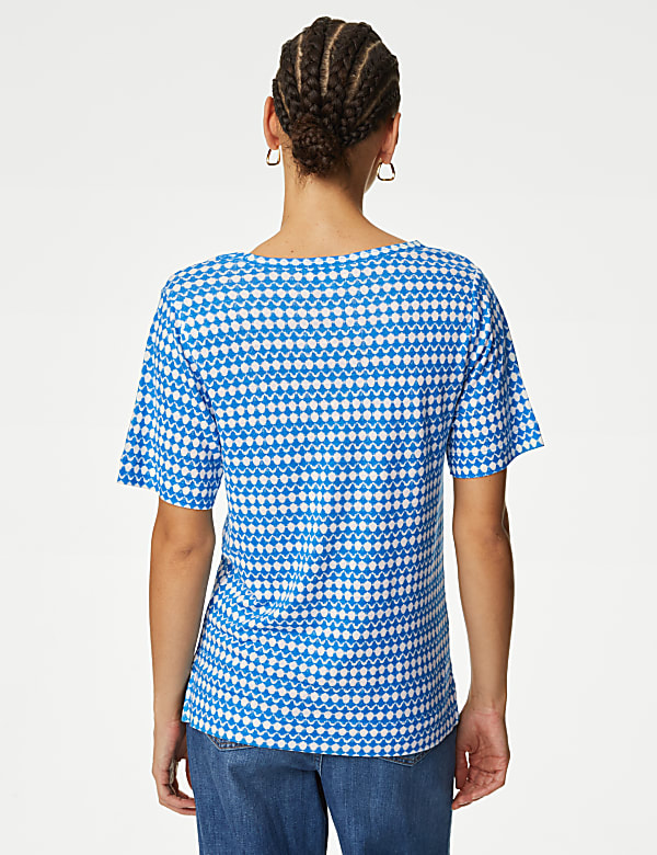 Linen Blend Printed V-Neck Top
