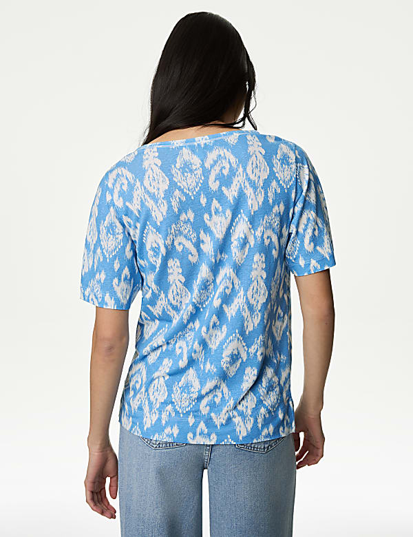 Linen Blend Printed V-Neck Top