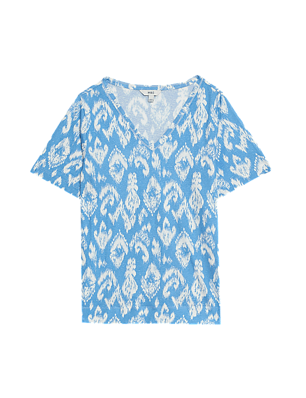 Linen Blend Printed V-Neck Top
